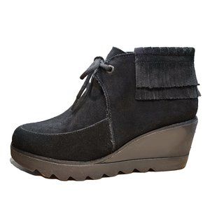 NEW bussola Women Leeds Suede Black Layered Fringe Lace Up Wedge Ankle Bootie